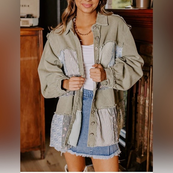 POL | NIP Sage 100% Cotton Color Block Mixed Print Raw Edges Patchwork Jacket M - Picture 9 of 9